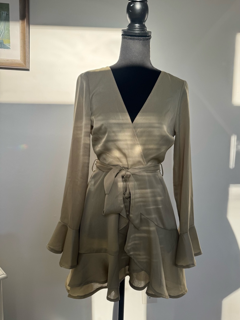 Sage Dreams - Elegant Wrap Dress in Light Sage with Ruffle Hem